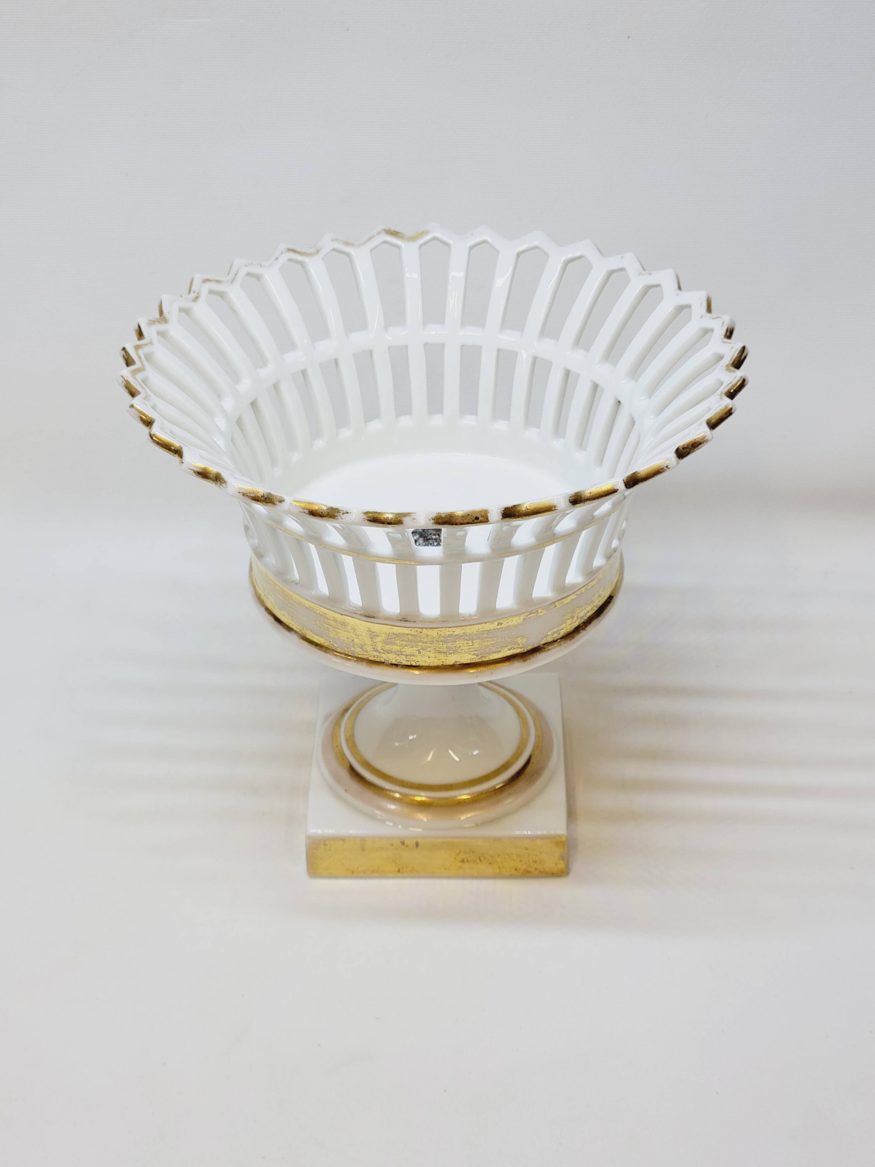 Bowl on Pedestal Openwork Basket White and Gold Porcelain Restoration E