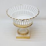 Bowl on Pedestal Openwork Basket White and Gold Porcelain Restoration E
