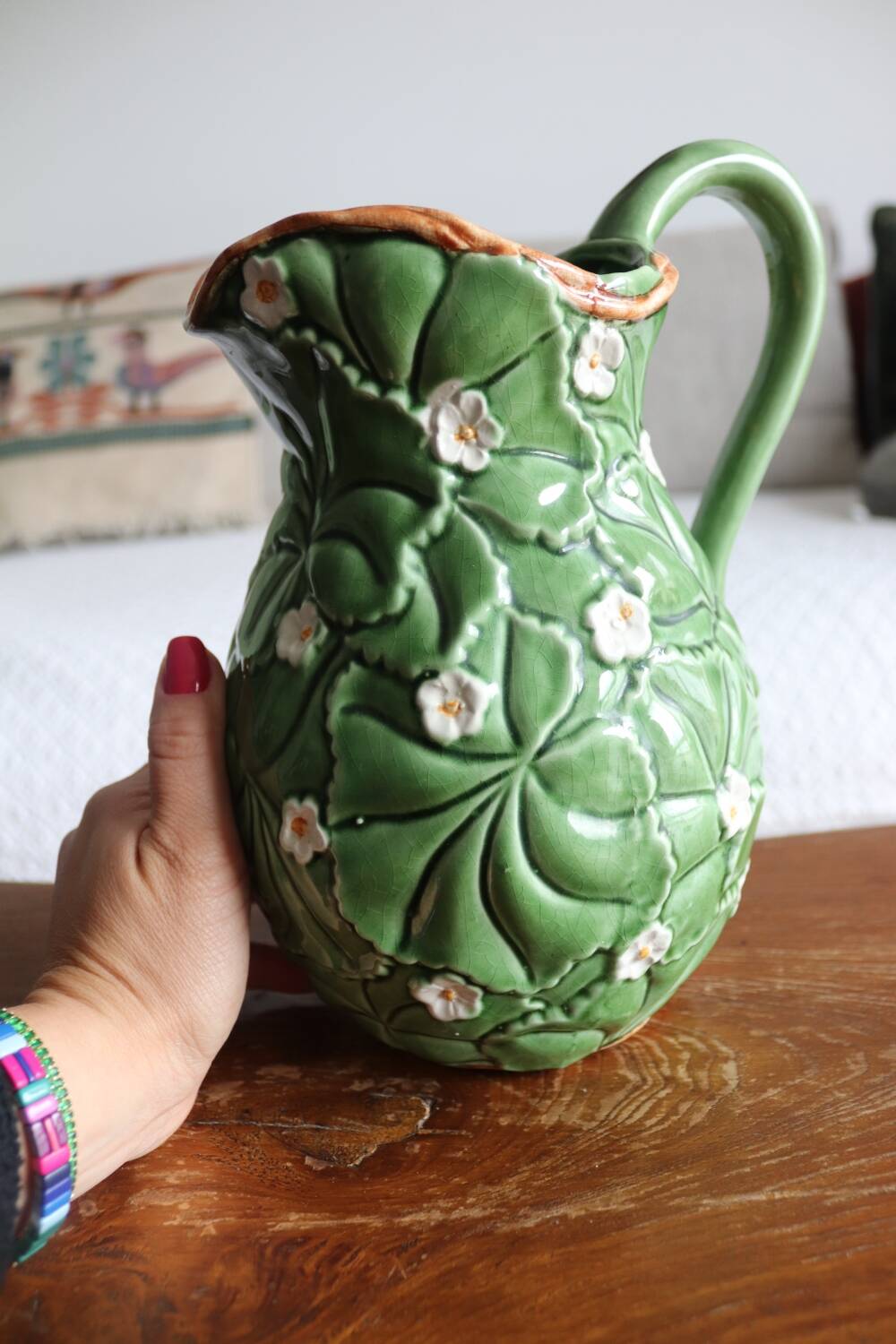 Pitcher and dish in strawberry leaf and flower slip
