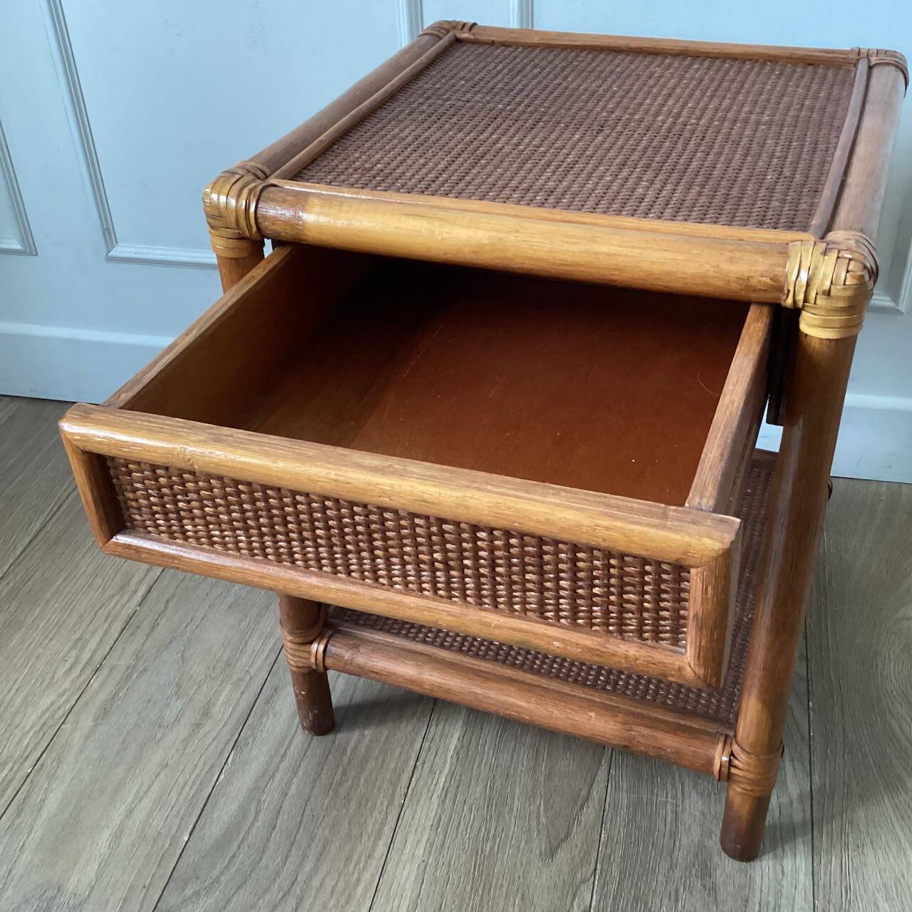 Vintage woven rattan and wicker bedside table