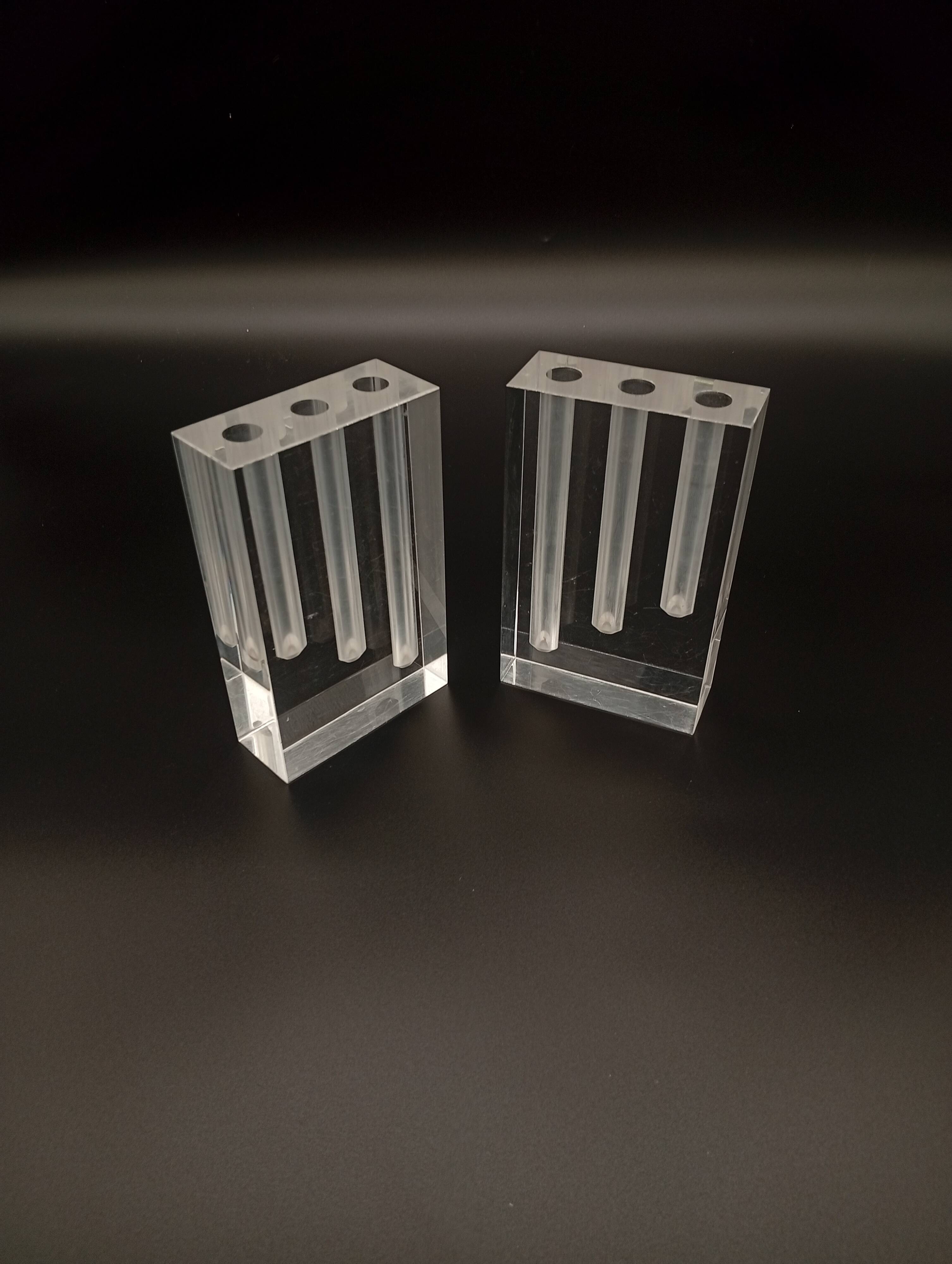 Duo Vase Bloc Résine Lucite Triple Cheminée Plexiglas Design Postmoderne