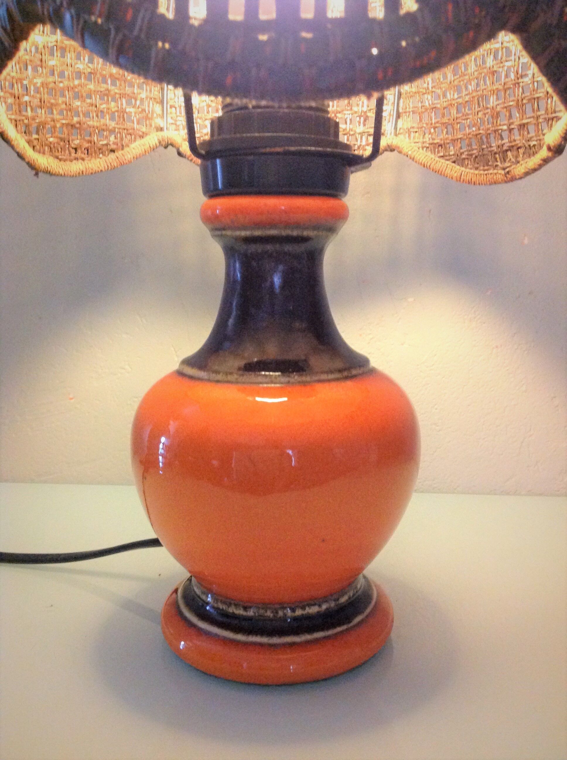 Orange ceramic lamp and brown canned lampshade by Pan Keramik / 60s-70s
