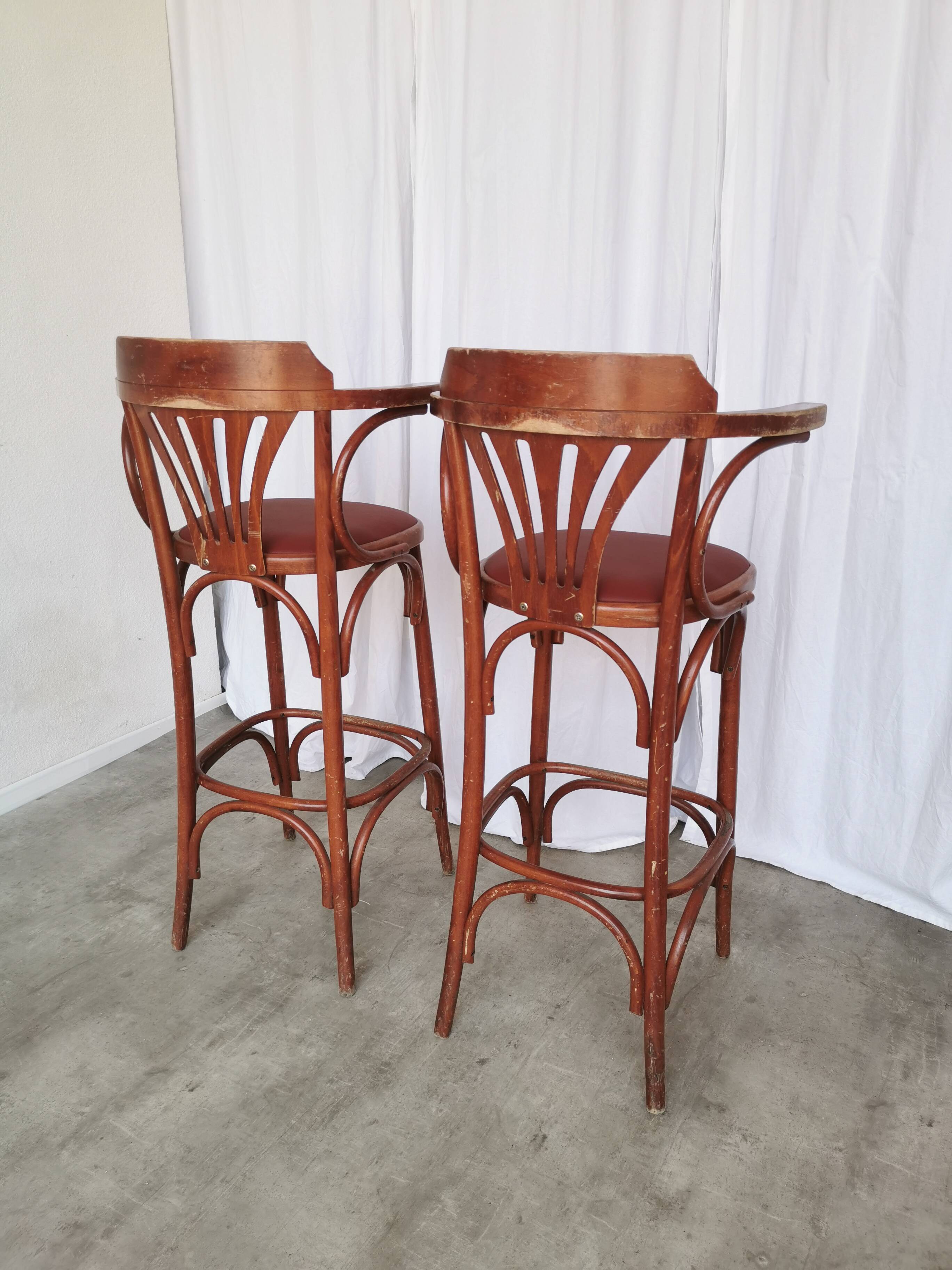 Set of 2 Vintage Bar Chairs: Red Leather Seat, High Pub Stools