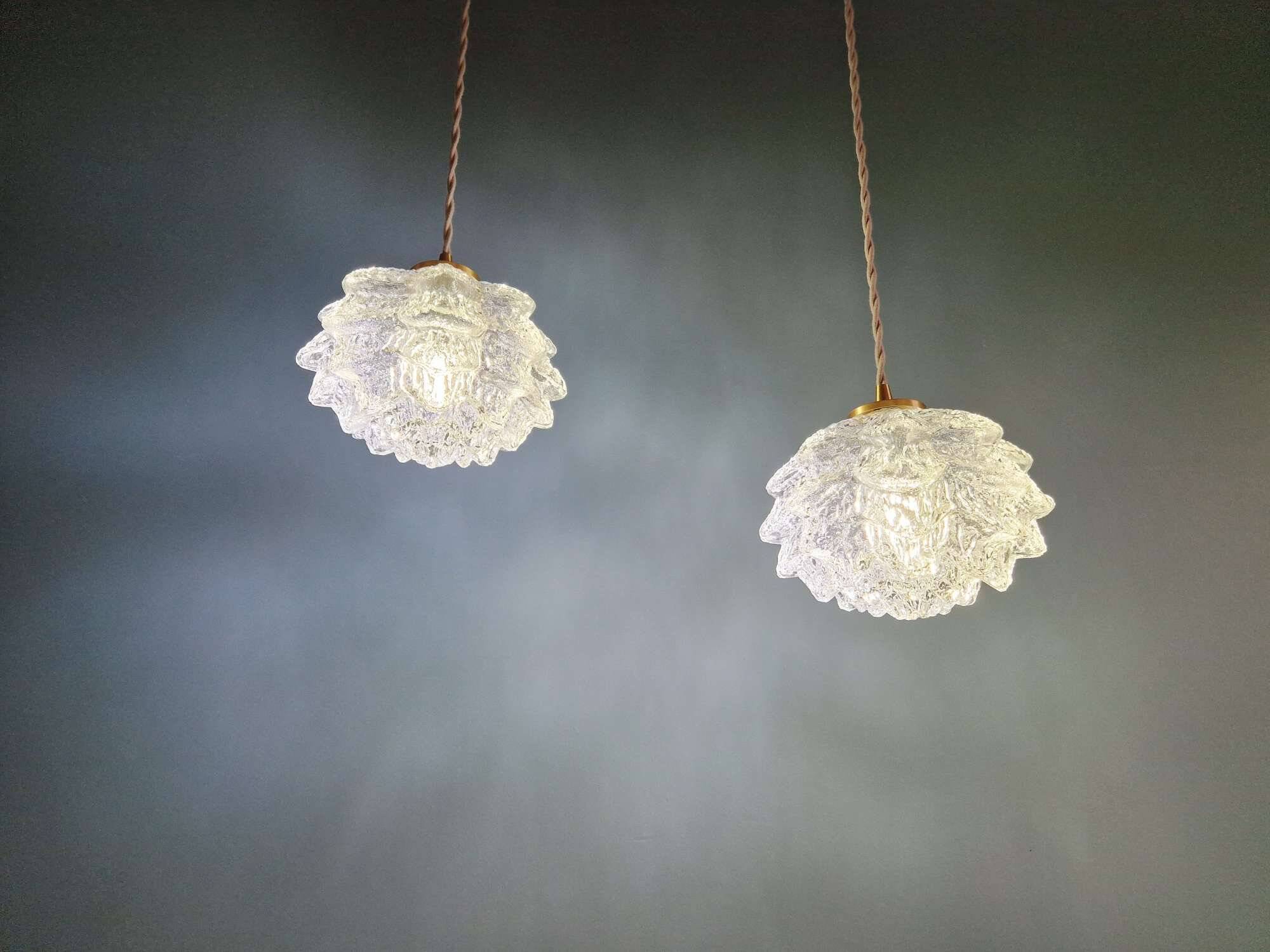Pair of frosted glass pendant lights, artichoke-shaped, 1960s.