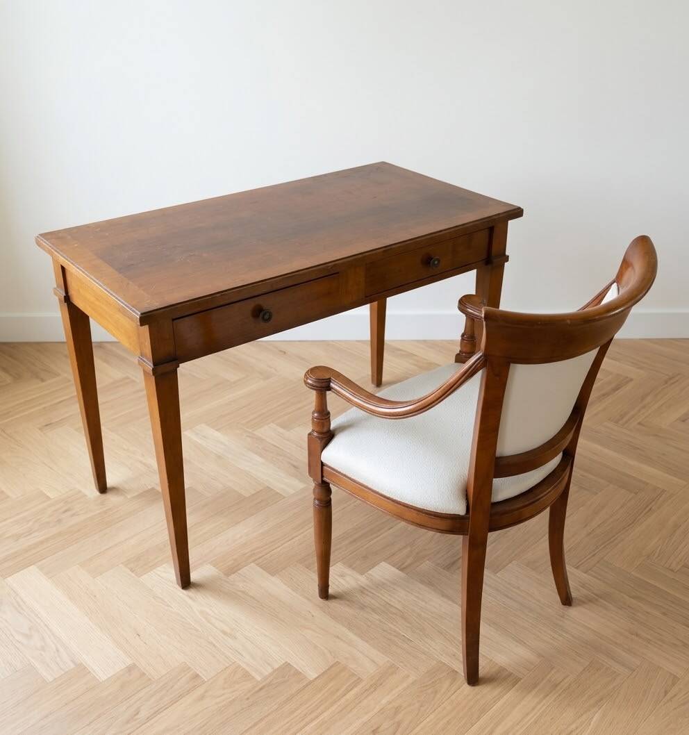 Antique office set: wooden table and matching armchair.