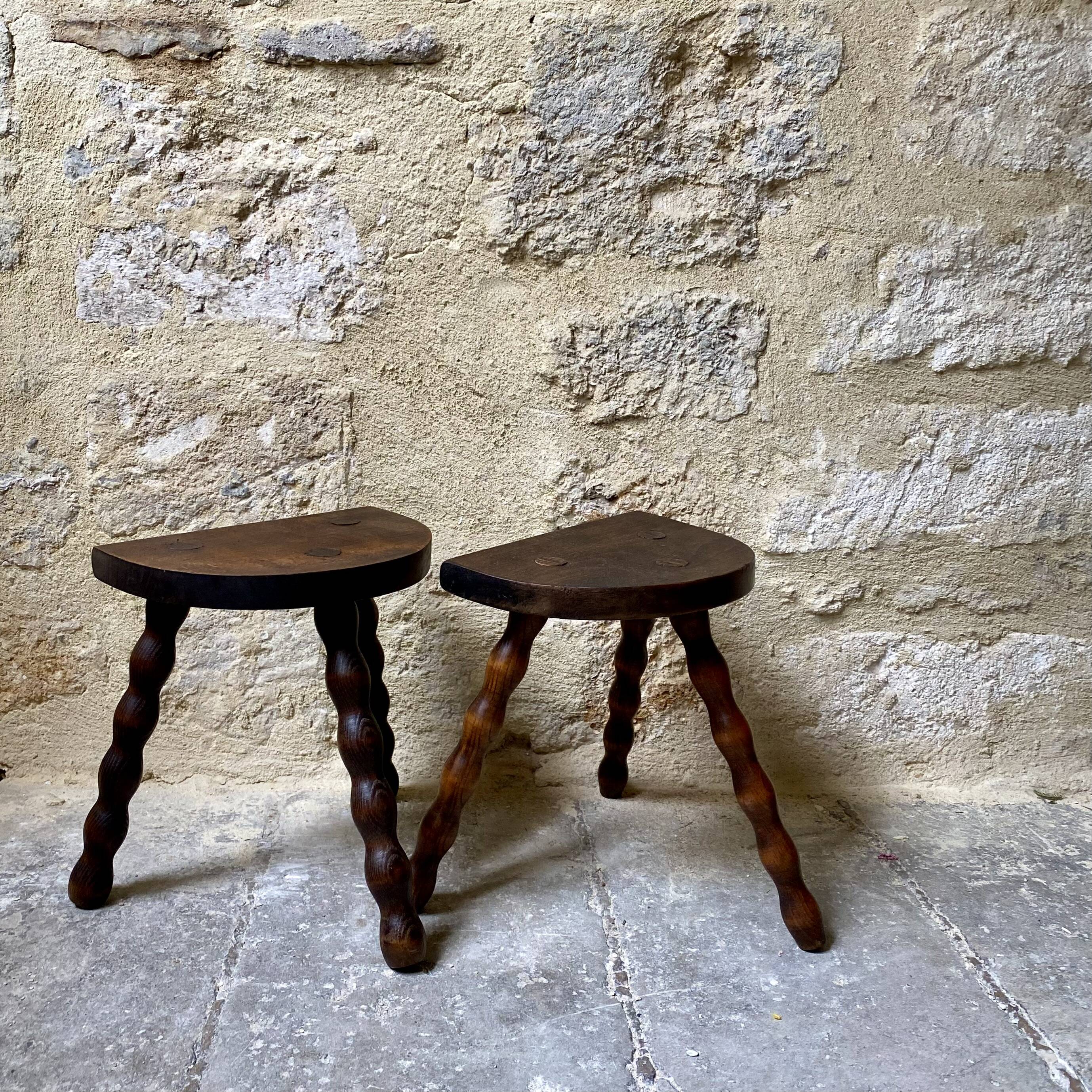 Turned wooden tripod stool x2
