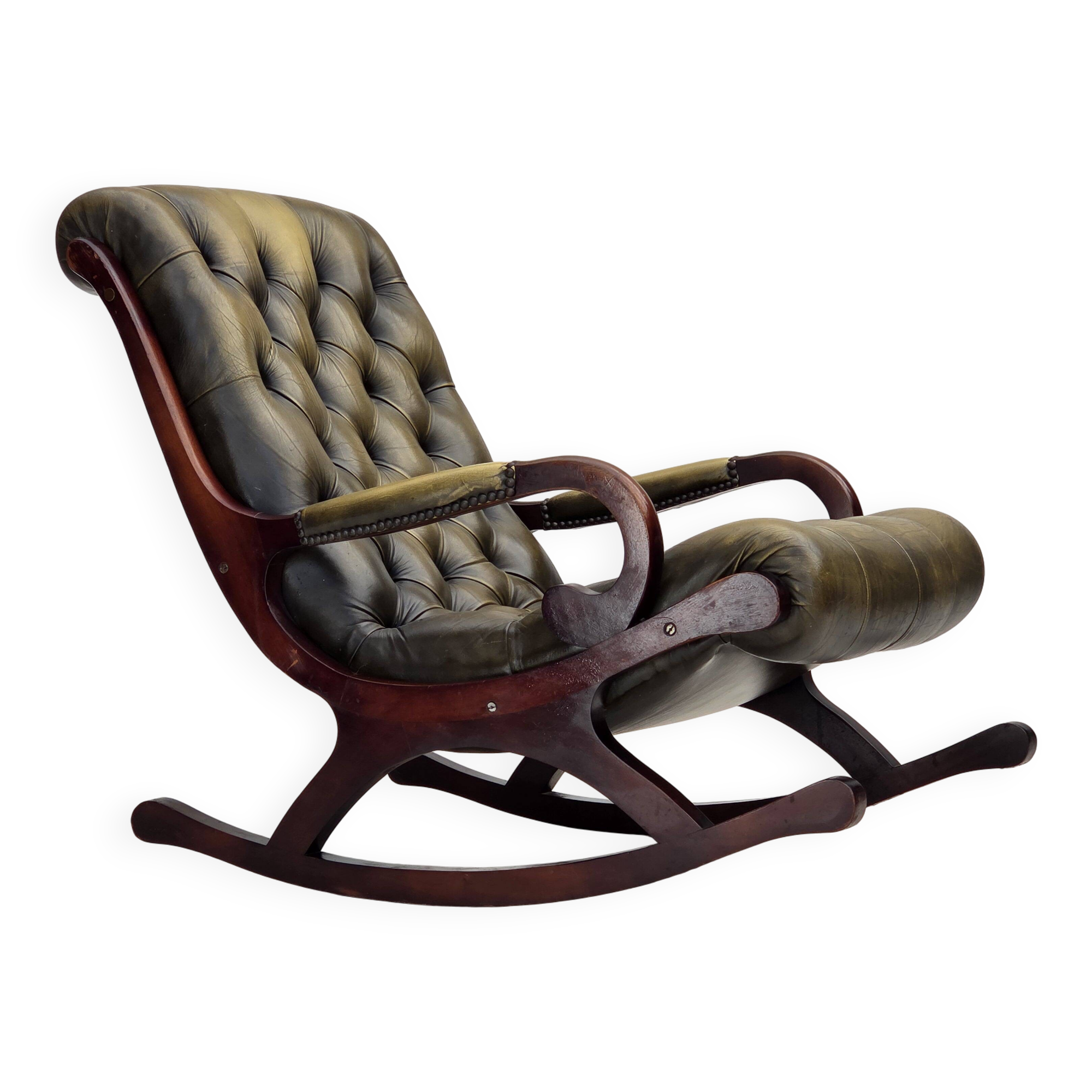 1950s, Chesterfield rocking chair, furniture leather, teak wood.