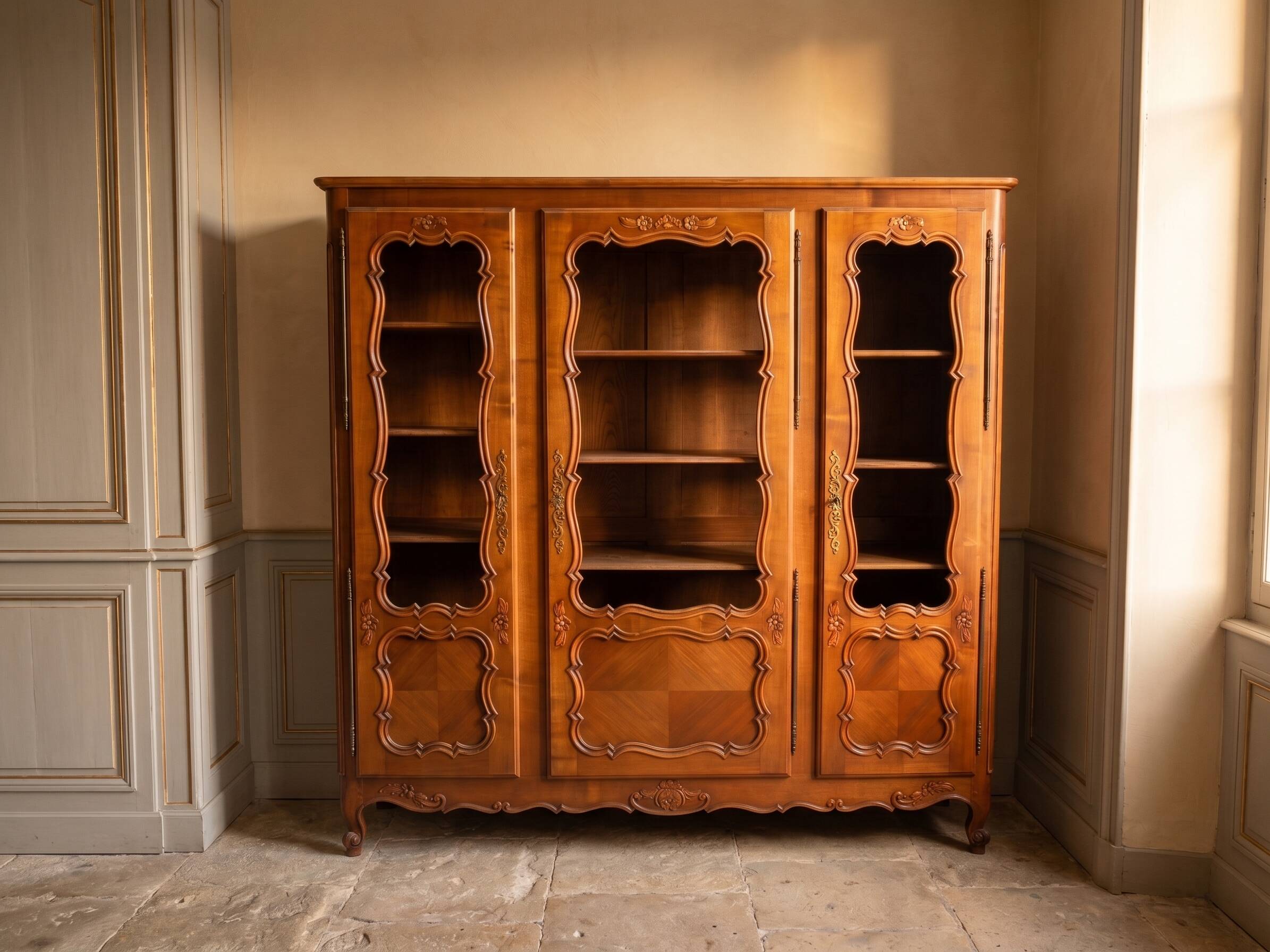 Regency display cabinet with 3 doors in cherry wood.