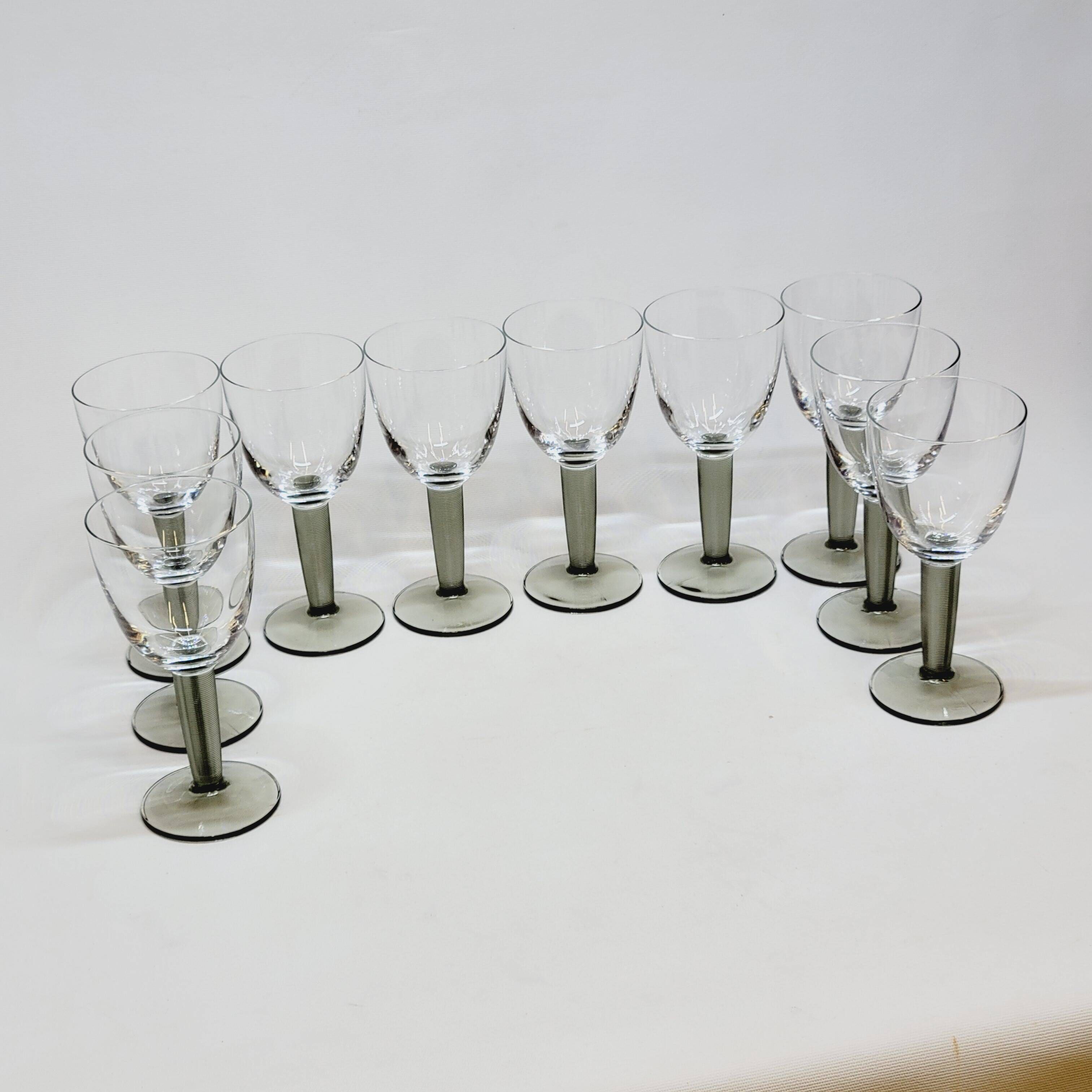 10 Bormioli Rocco Vintage Crystal Wine Glasses with Grooved Grey Stem