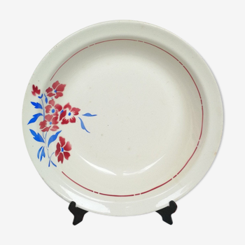 Grand Plat Creux Badonviller Blue and Red Flowers with Old Vintage Stencil