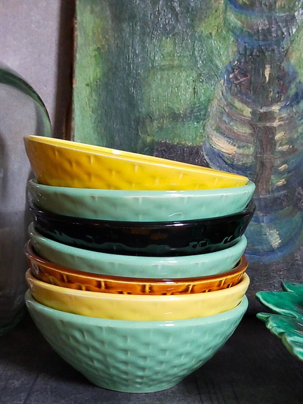 Seven vintage slip ceramic bowls