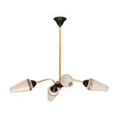 Suspension lustre laiton 4 branches tulipes en verre 1950 1960