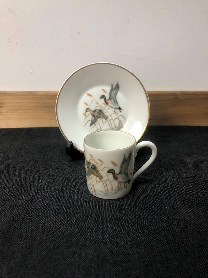 Porcelain de Paris Espresso Cup & Saucer Set: Bird Motif, Gilded, 1950s