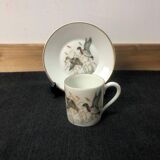 Porcelain de Paris Espresso Cup & Saucer Set: Bird Motif, Gilded, 1950s