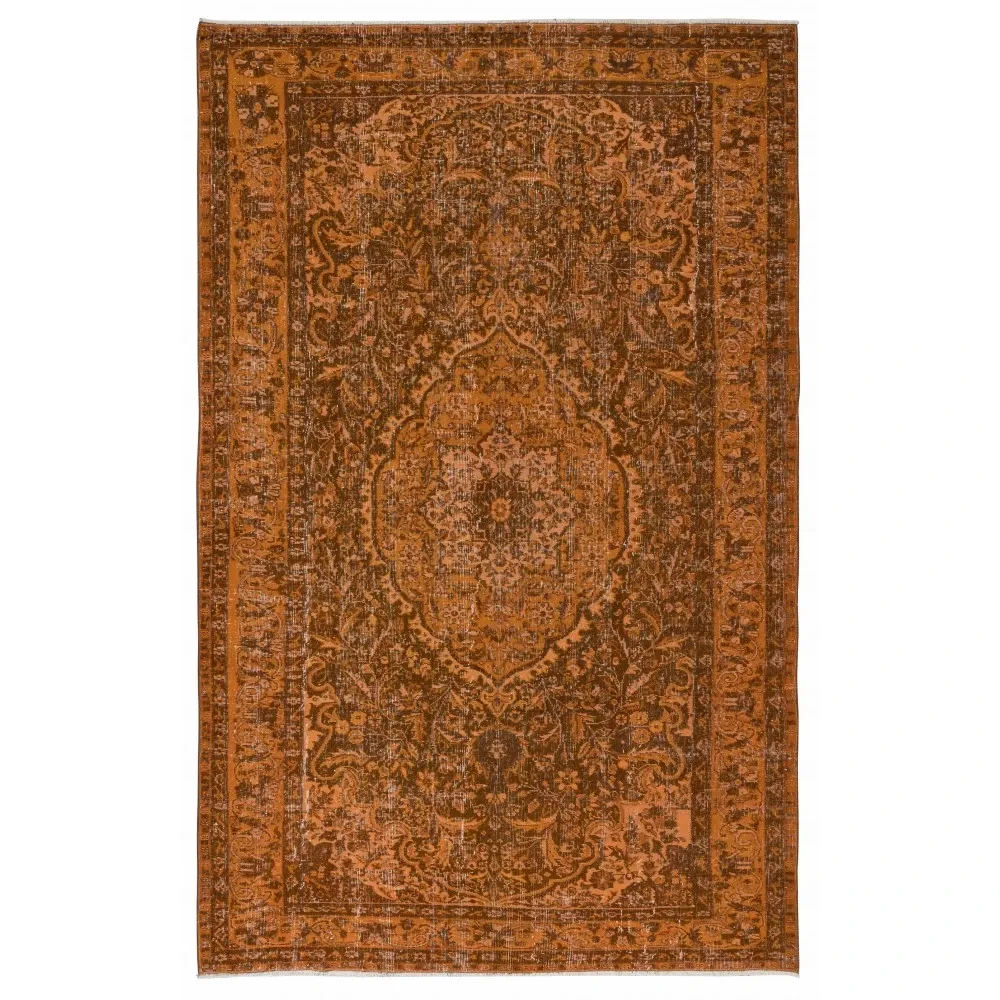 Vintage Hand-knotted Medallion Design Turkish Wool Area Rug Overdyed in Orange for Living Room