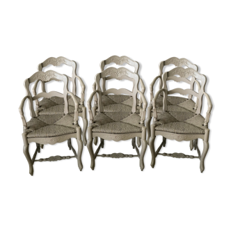 Lot of six painted and moulded wooden Provençal armchairs