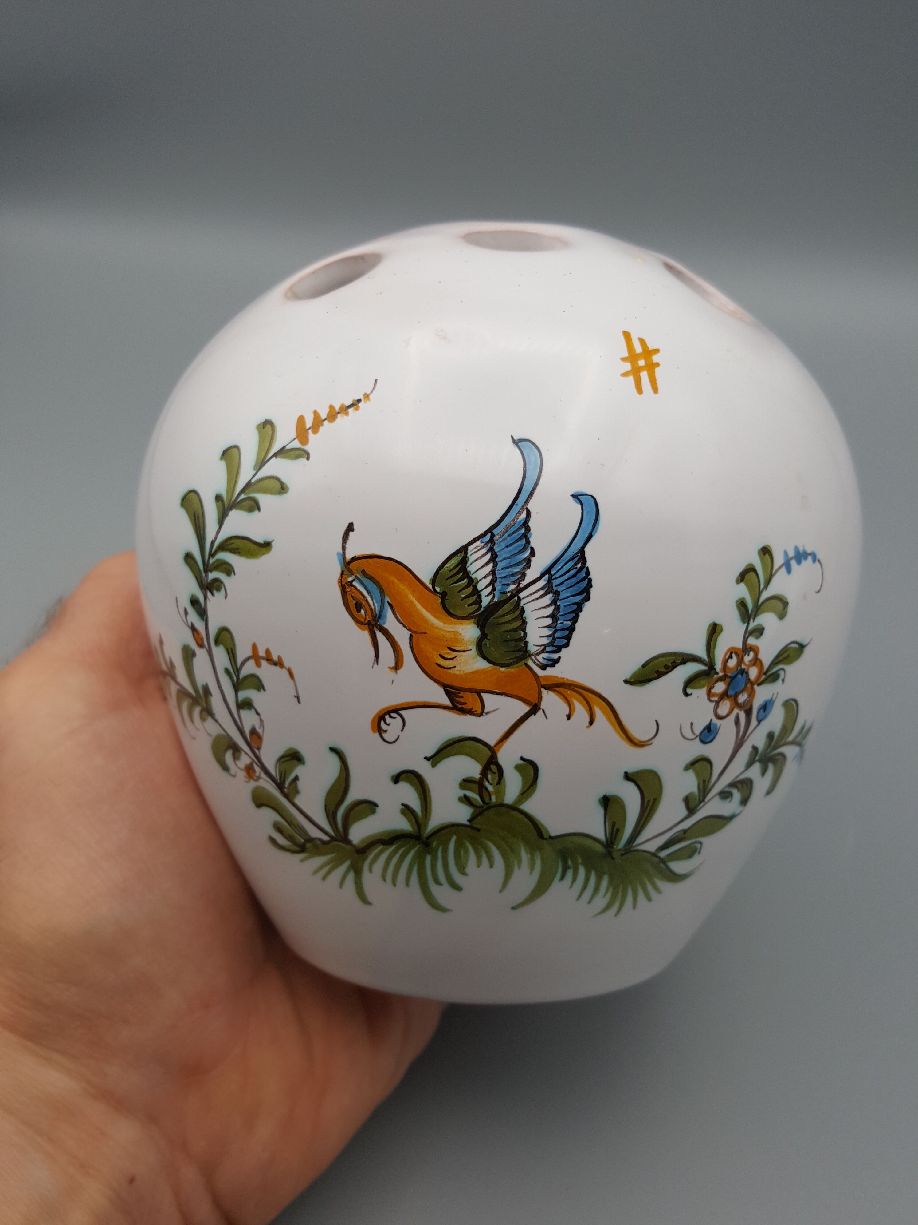 Pique-fleurs céramique Lallier Moustiers fleur oiseau
