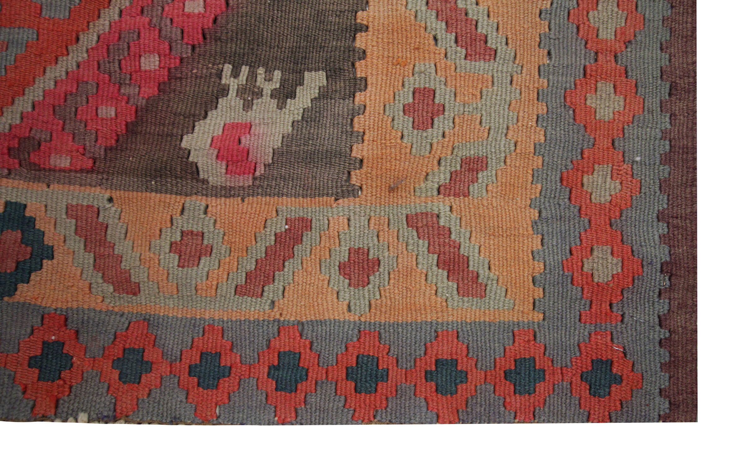Handwoven vintage kilim rug grey pink wool carpet area rug- 147x342cm