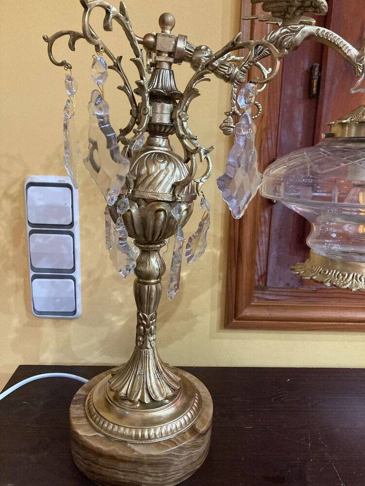 Bronze table lamp with dragon arm and cut glass shade, 1940s