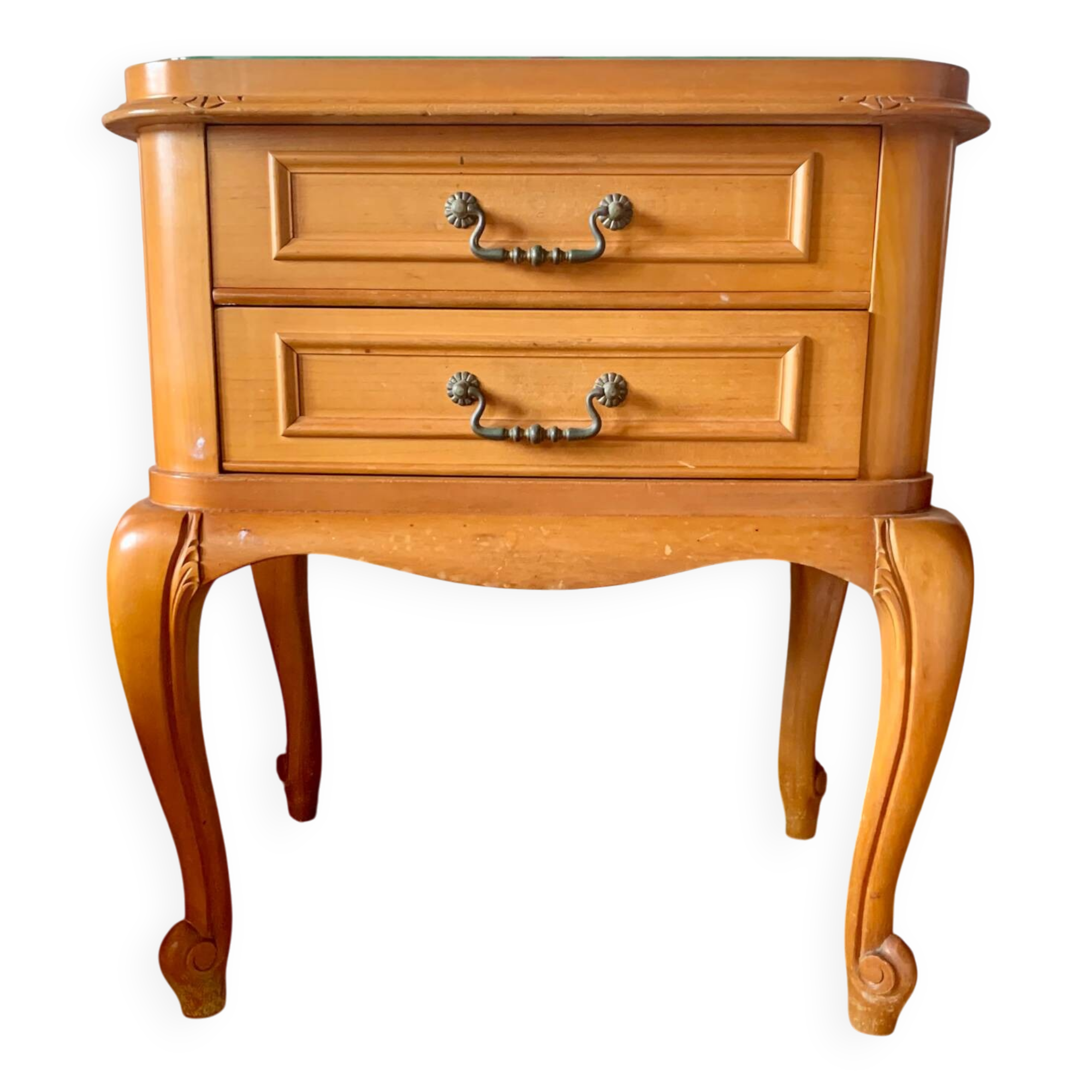 Classic carved cherry bedside table with glass top