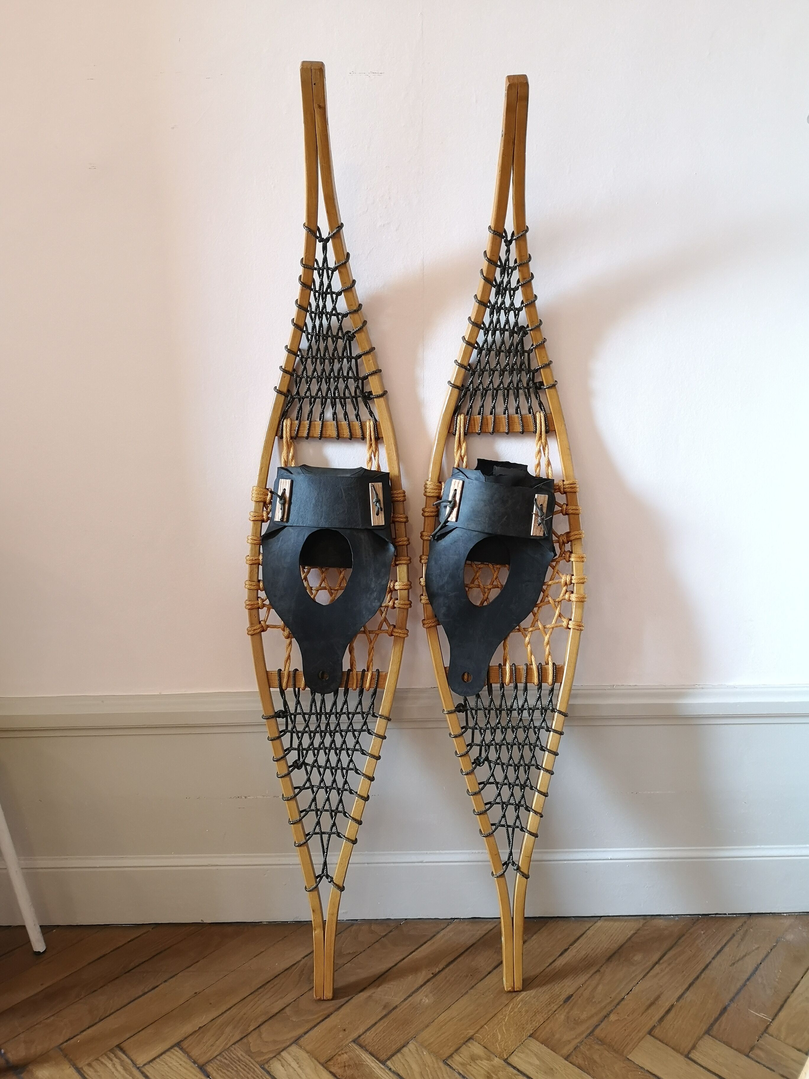 Pair of antique wooden snowshoes, vintage, 155 cm