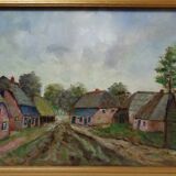 Oil on panel small rural village, vintage framed painting from the 1950s-1970s.