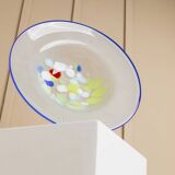 XL Vintage Murano Glass Bowl with Blue Rim and Multicolor Dots – Mouth-Blown Italian Glass, 1980s Pop Art