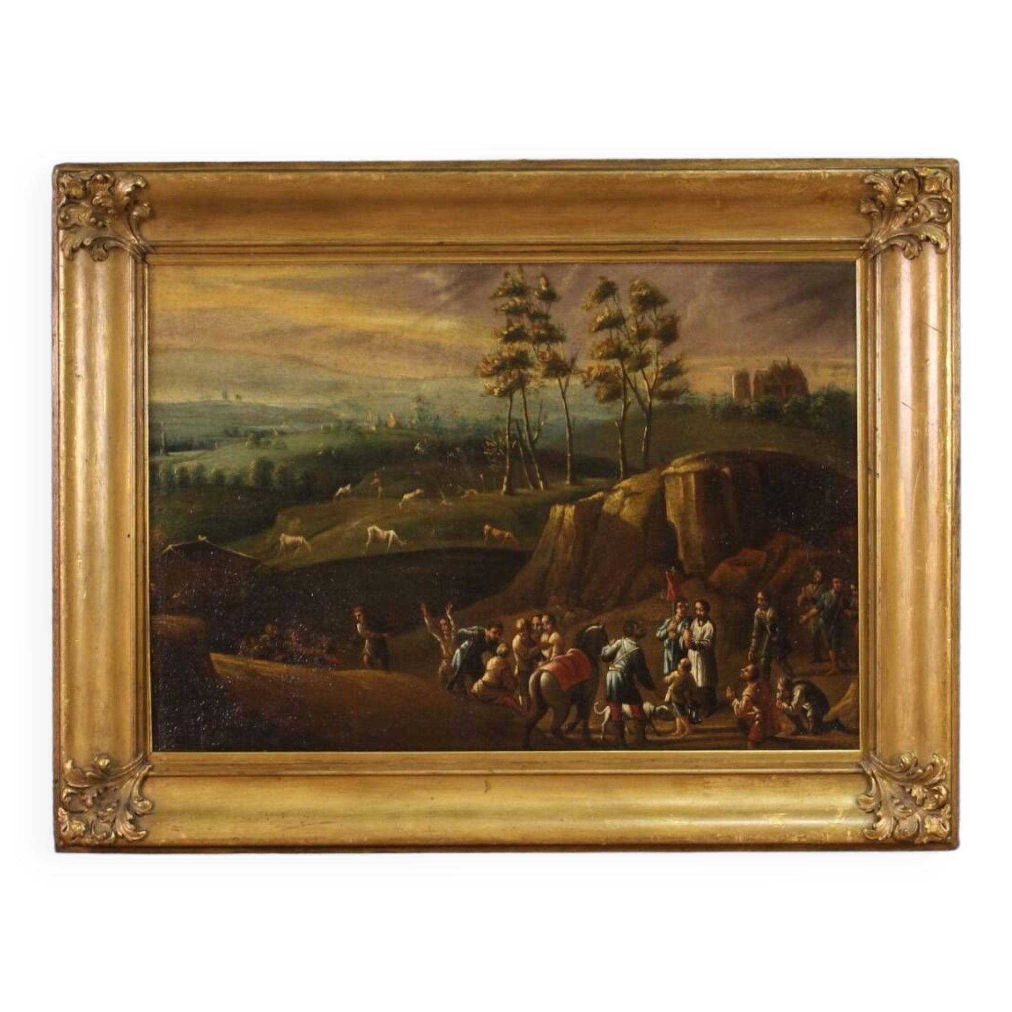 Italian painting landscape with wayfarers from the 18th century