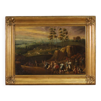 Tableau italien paysage avec voyageurs du XVIIIe siècle