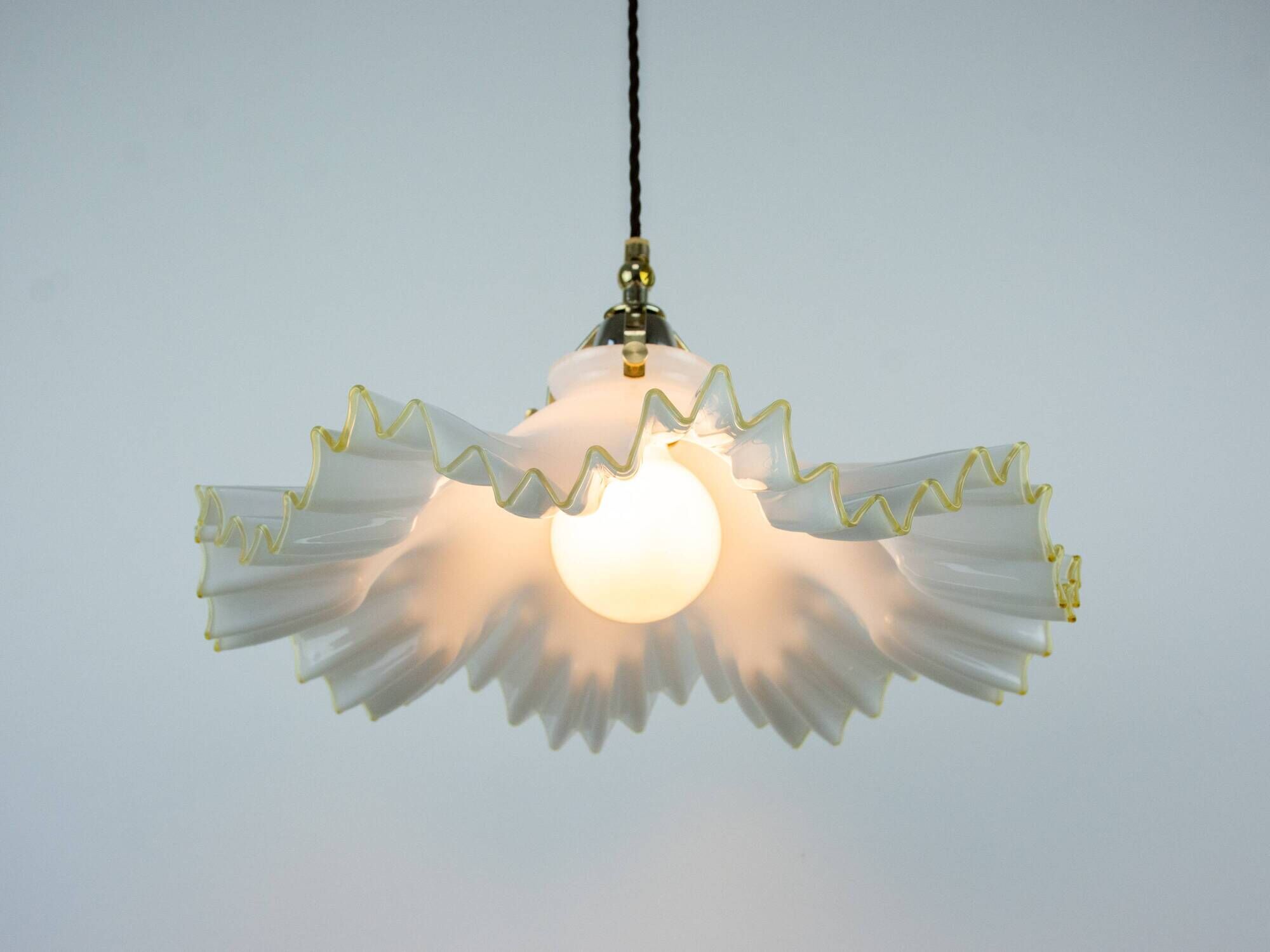 Murano Style White Ruffled Italian Hanging Glass Lamp From The 1970s
