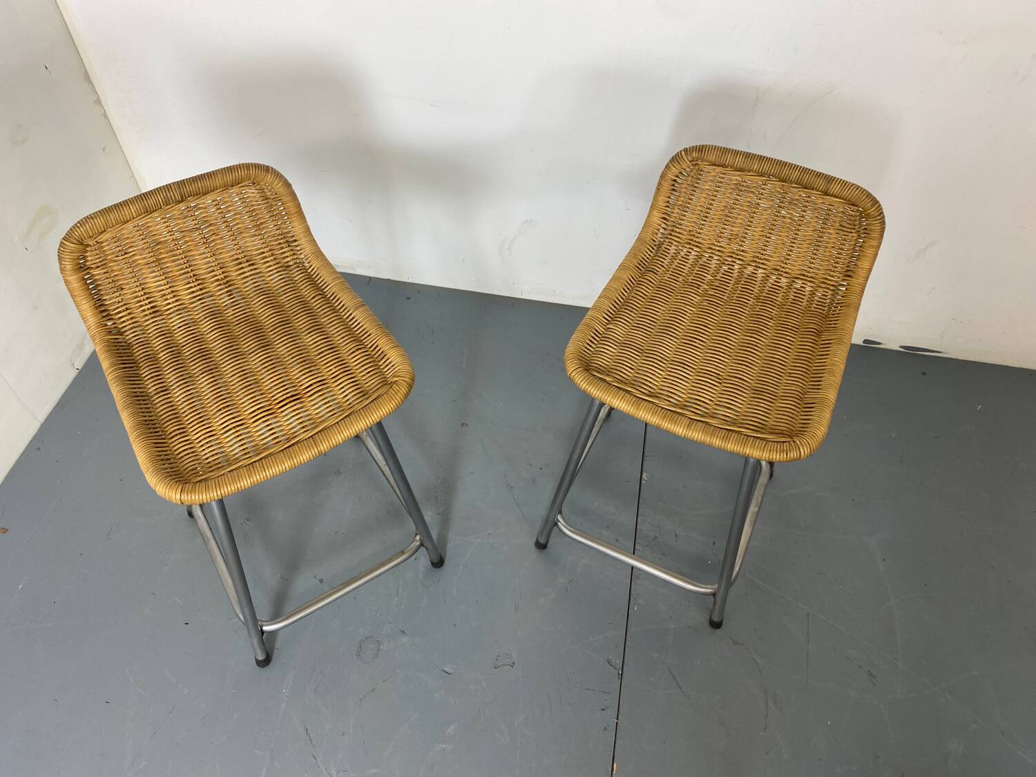 Tabourets Vintage en Acier et Rotin Dirk Van Sliedregt, 1960s, Set de 2
