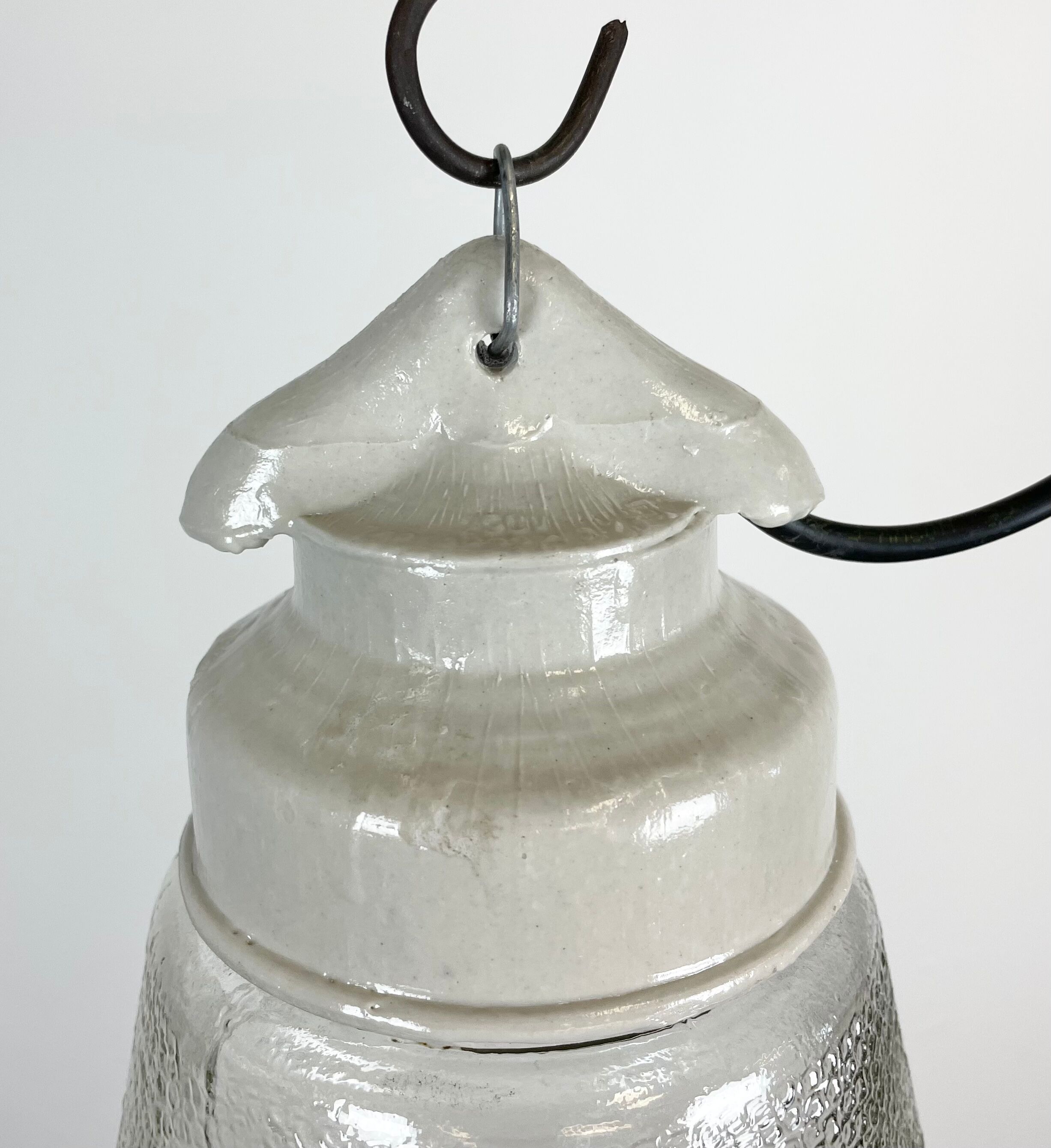 Industrial White Porcelain Pendant Light with Frosted Clear Glass, 1970s
