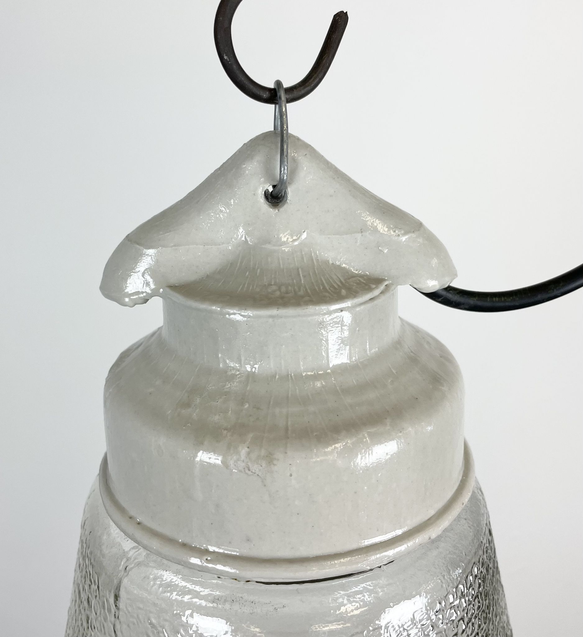 Industrial White Porcelain Pendant Light with Frosted Clear Glass, 1970s