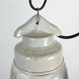 Industrial White Porcelain Pendant Light with Frosted Clear Glass, 1970s