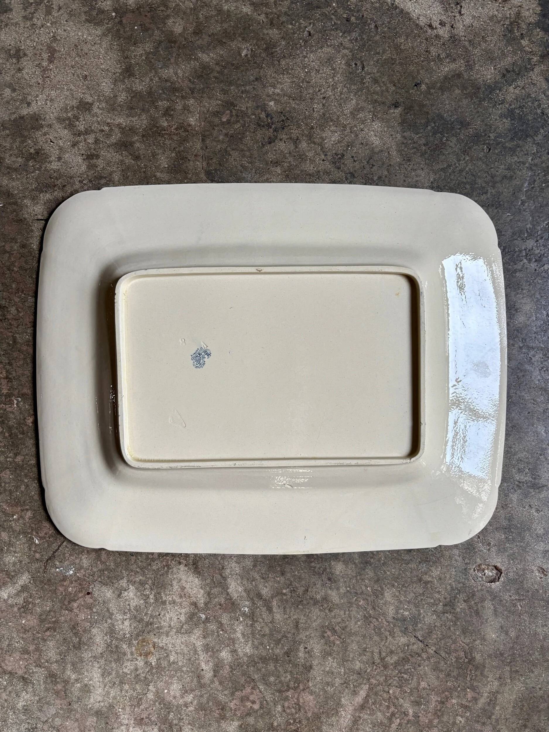 Large rectangular Gien dish in blue ironstone, "Birds" service circa 1870.