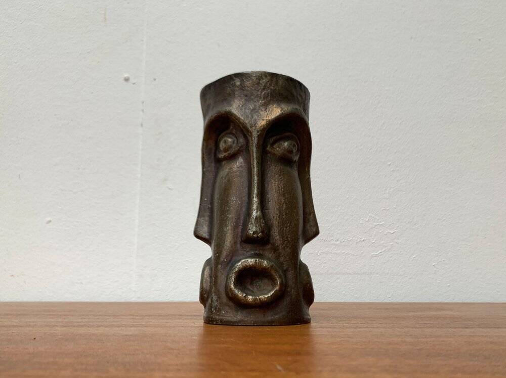 Abstract vase with a brutalist bronze face from the mid-century.