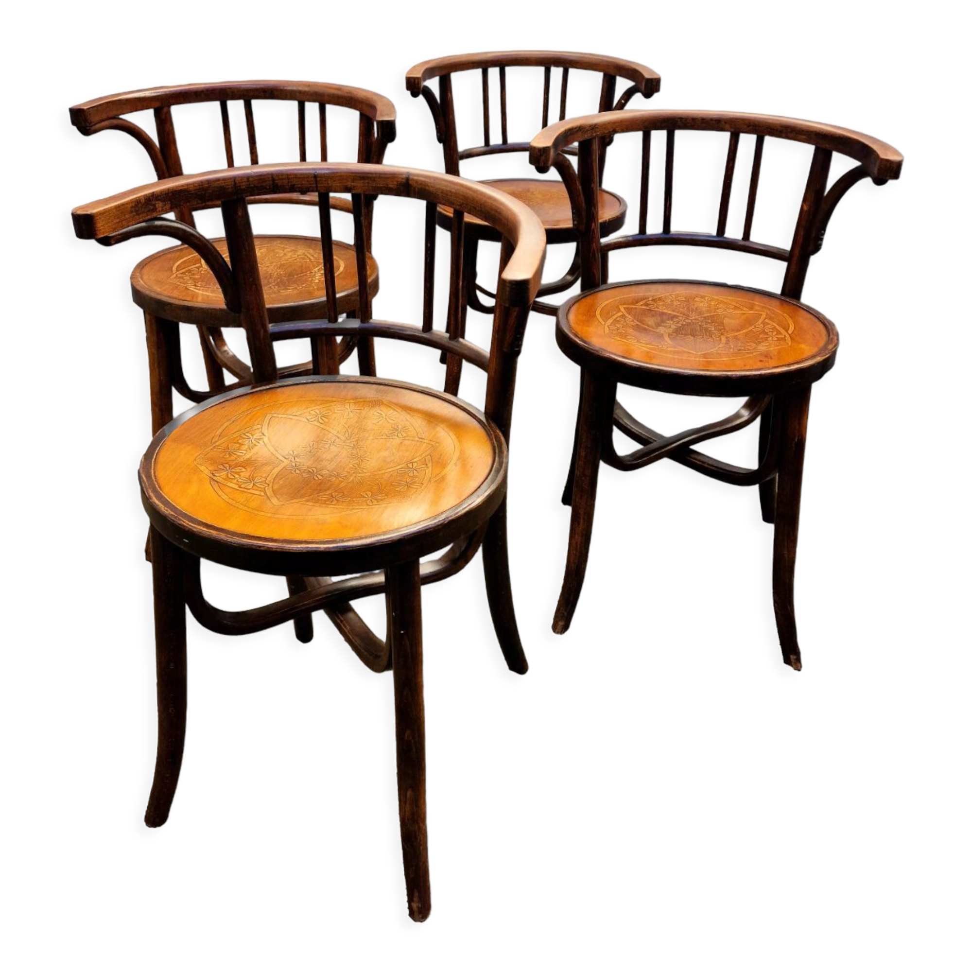 Art Nouveau Chairs Arched Wood and Floral Decoration, 1910s