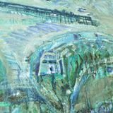Abstract impressionism painting - Turquois Town with Animals