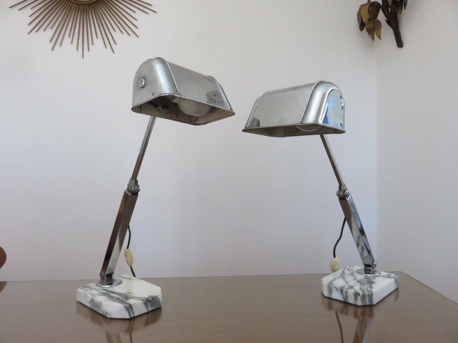 Pair of Art Deco lamps in chrome brass and Carrara marble 30s 40s