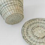 Grand panier à linge vintage des années 1990 avec couvercle, fabriqué à la main en papier journal tressé, rangement au design éco unique, décoration rustique, idée cadeau