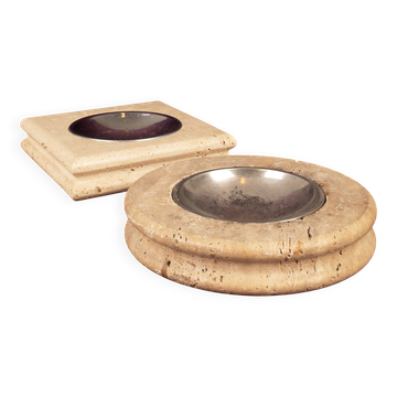 Pair of Italian Travertine Ashtrays / Vide-Poches, round and square 1970