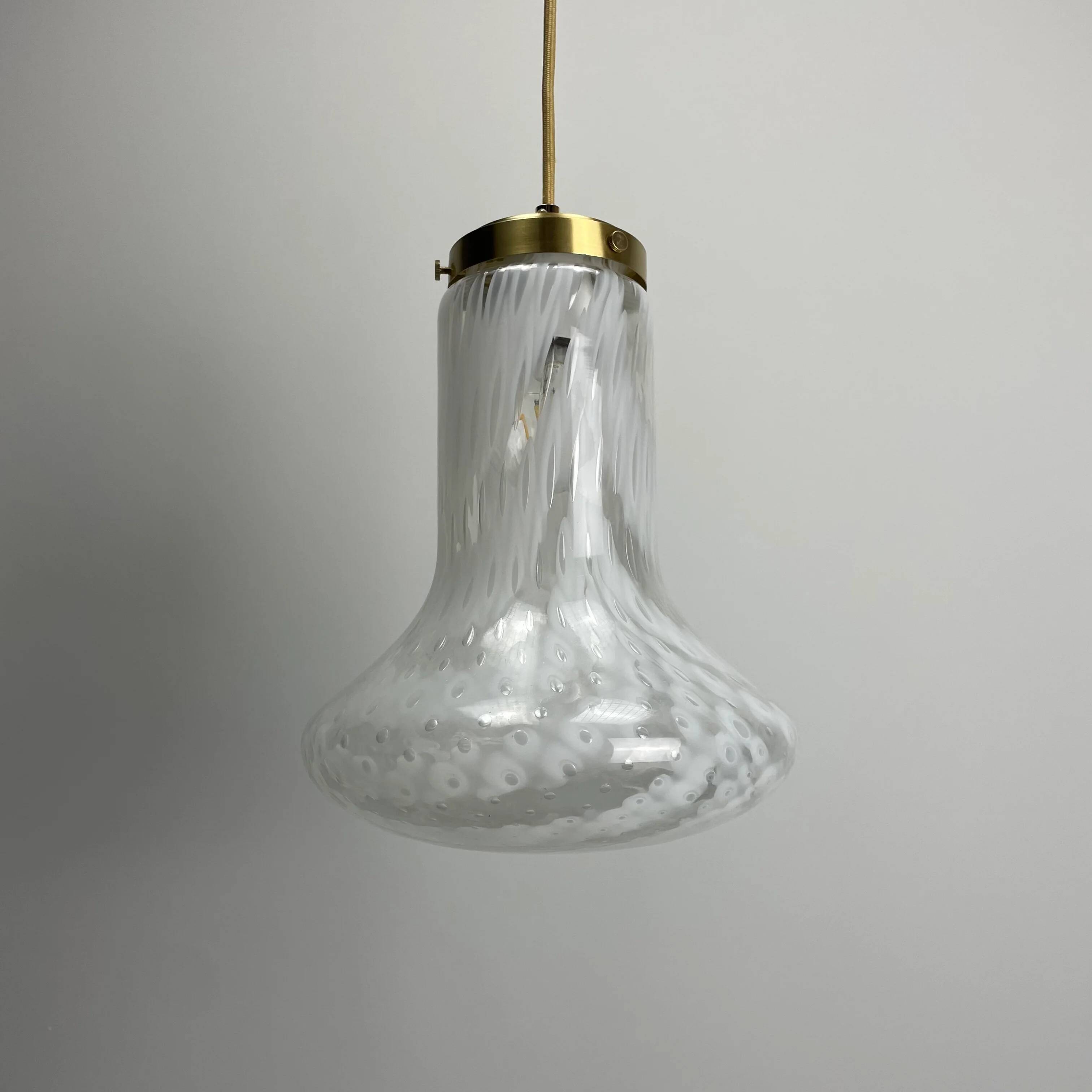 Suspension in cloudy and transparent white glass, Italian, 1960.