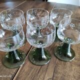 Set of 6 Alsatian wine glasses in chiseled crystal with green turned foot