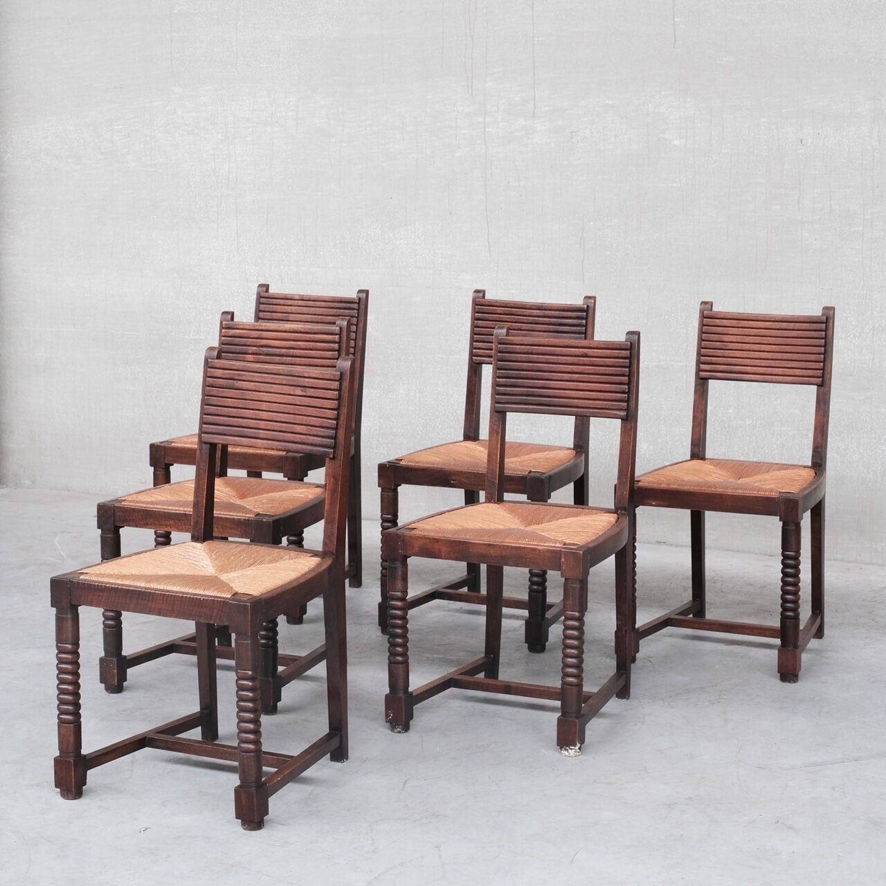 Set of six rush mid-century dining chairs