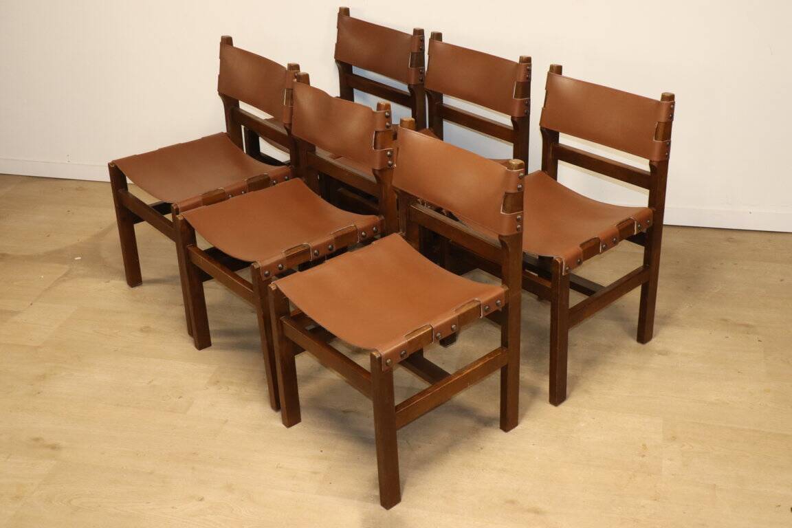Series of 6 vintage Maison Regain chairs in leather and wood, 1960s