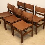 Series of 6 vintage Maison Regain chairs in leather and wood, 1960s