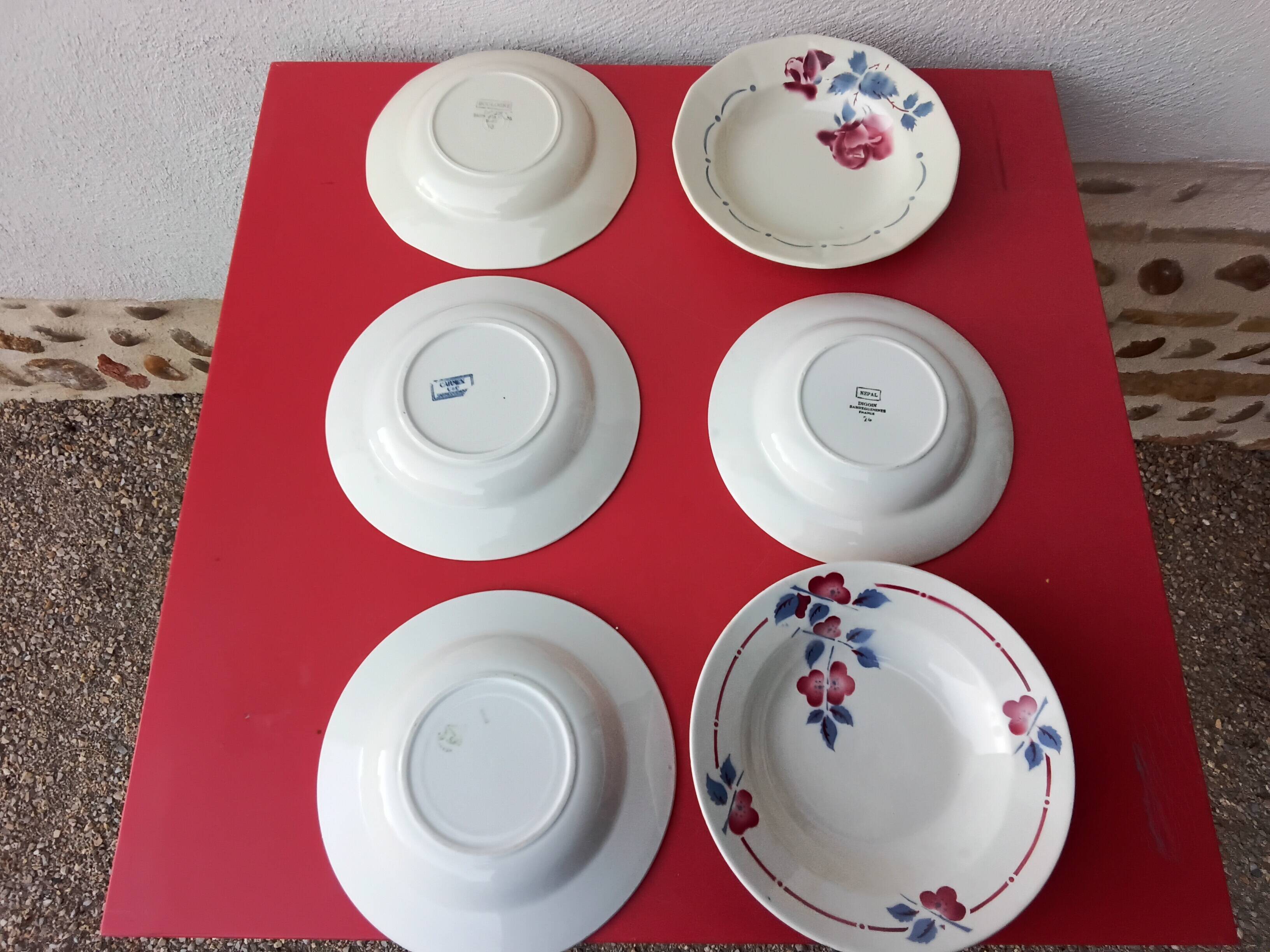 Set of six mismatched antique soup plates