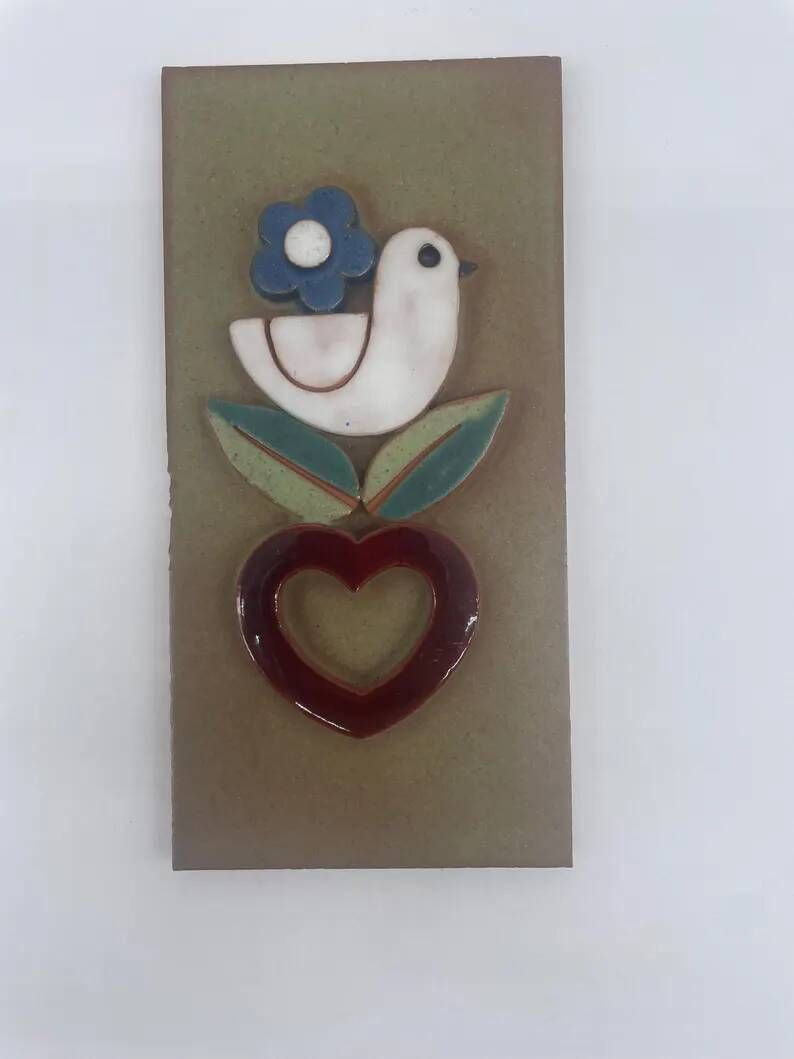 Vintage ceramic wall plaque, bird and heart, Made in Spain, Mithé Espelt style.