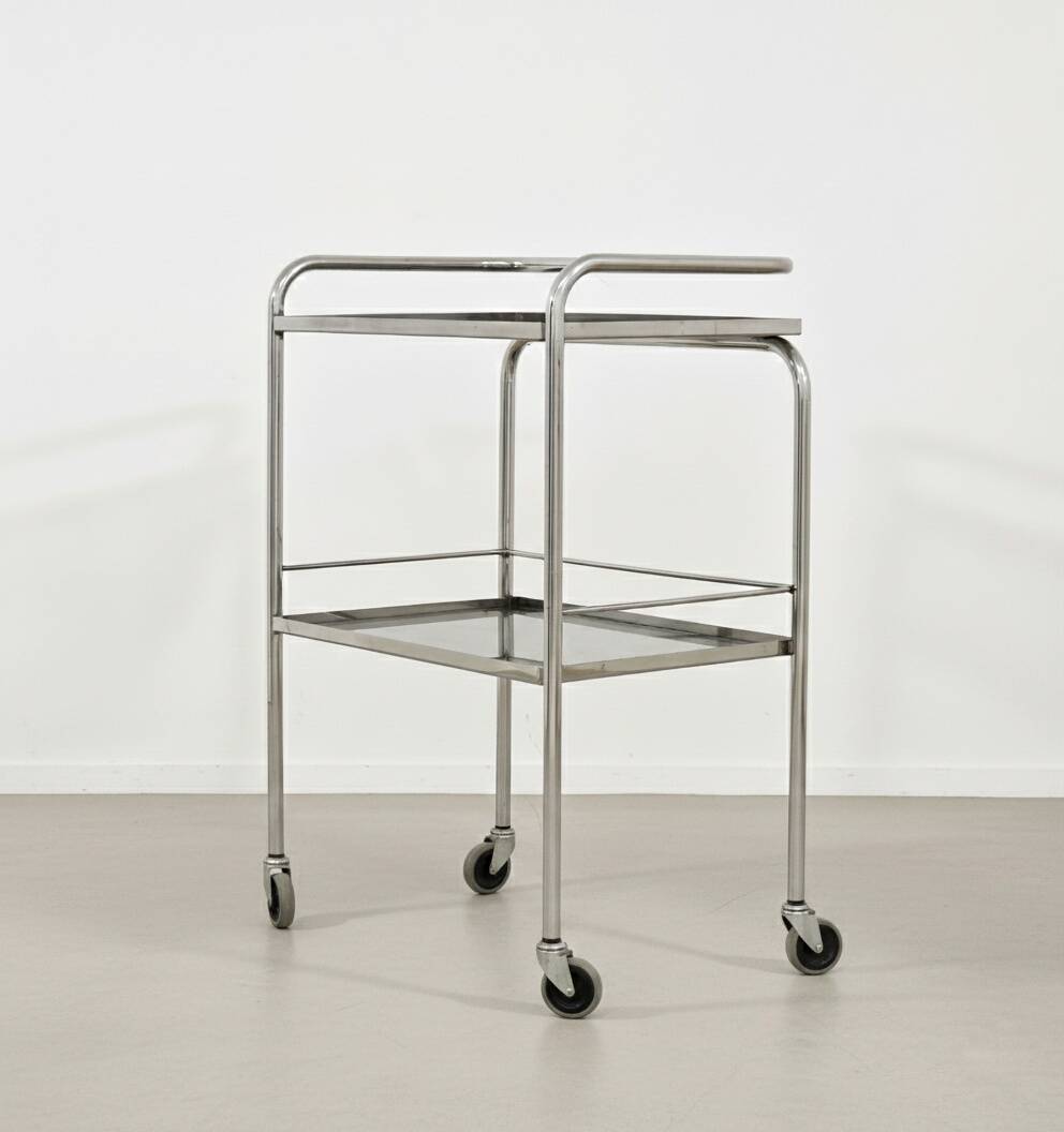 1970s chrome metal and smoked glass wheeled dessert trolley
