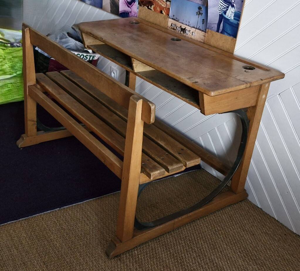 Double school desk in wood and metal 1920 – very good condition
